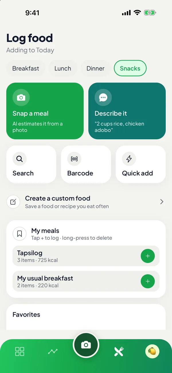 Ways to log a meal in BiteWise