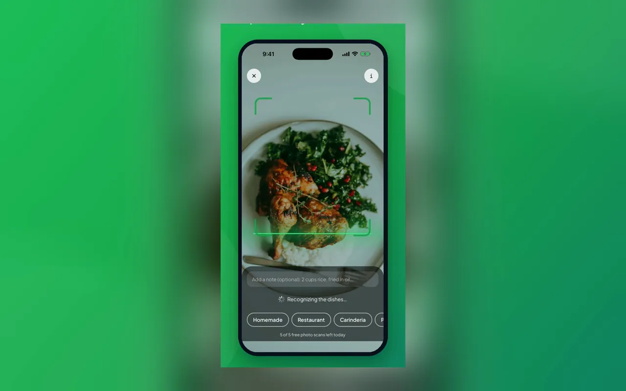 The BiteWise app on a phone, reading a photographed meal and naming the food on the plate