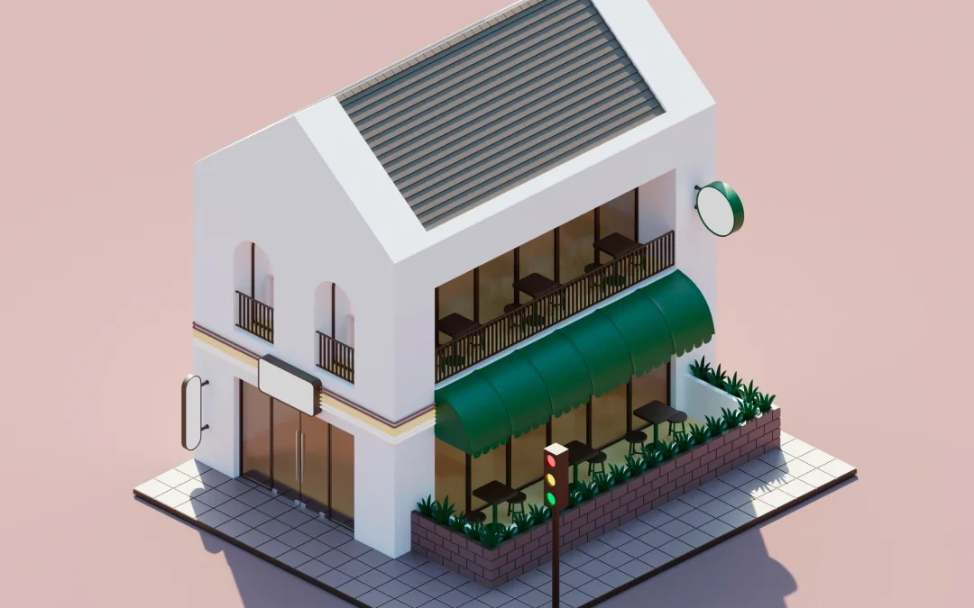 Isometric render of a small business whose support queue is triaged by an agent